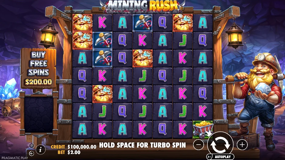 Pantalla de Mining Rush con una mina subterránea llena de dinamita y minerales