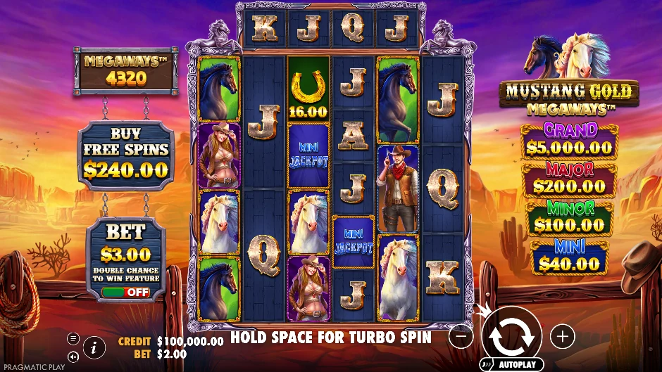 Pantalla de Mustang Gold Megaways con caballos salvajes y buscadores del Oeste