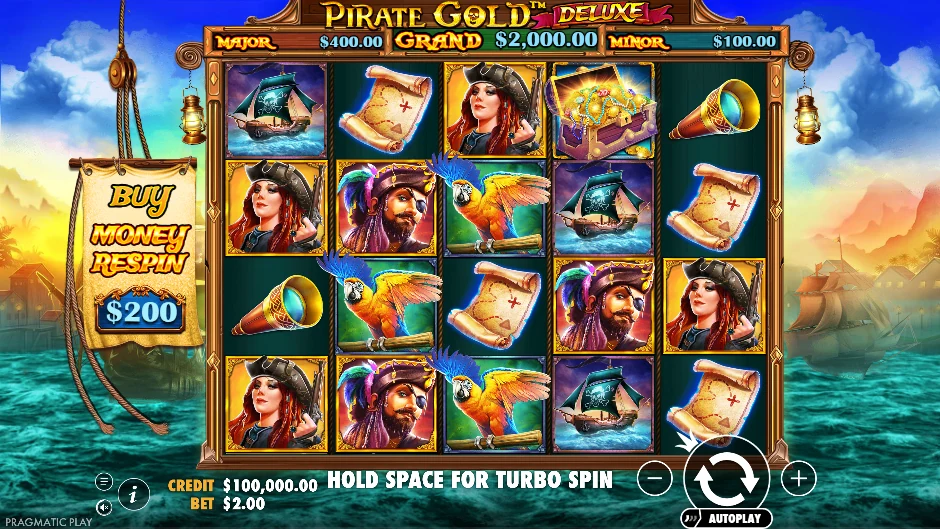 Pantalla de Pirate Gold Deluxe con piratas, cofres y monedas en una edición ampliada