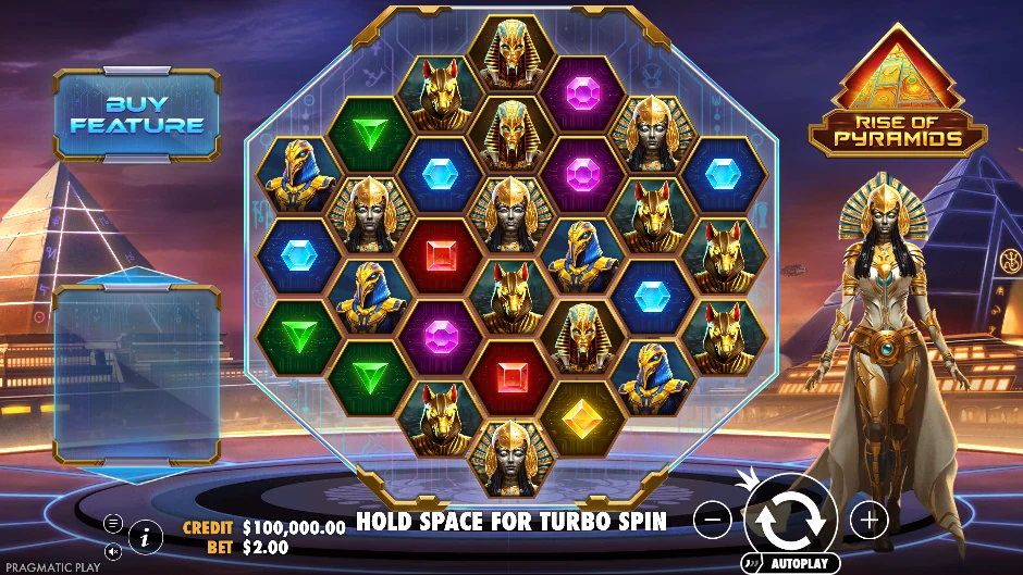 Pantalla de Rise of Pyramids con pirámides que emergen en el desierto