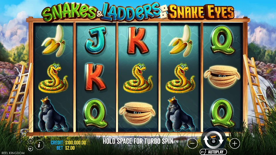 Pantalla de Snakes & Ladders – Snake Eyes con un tablero de serpientes y escaleras con dados
