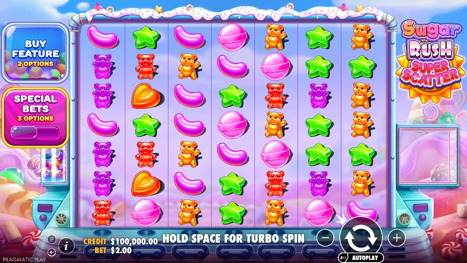 Pantalla de Sugar Rush Super Scatter con dulces y scatters especiales de gran tamaño
