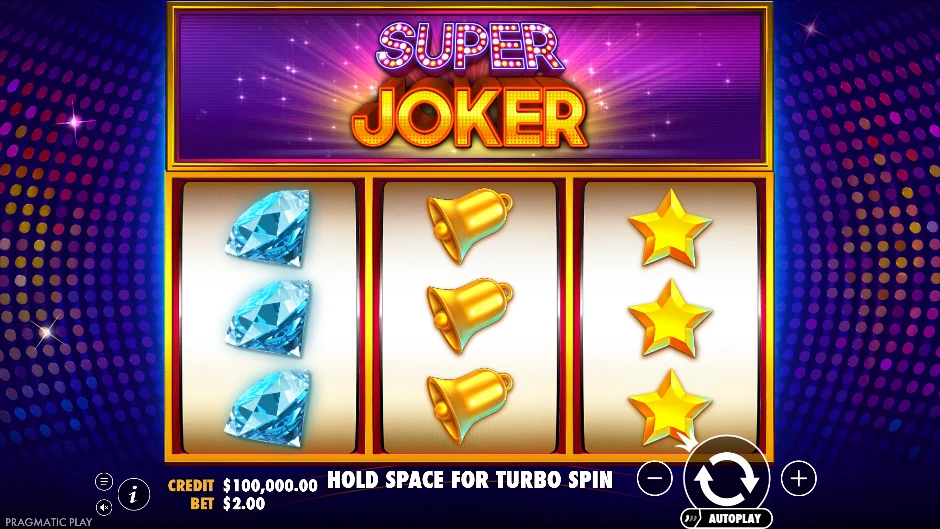 Pantalla de Super Joker con un bufón clásico entre frutas y estrellas