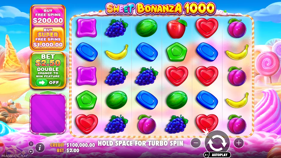 Pantalla de Sweet Bonanza 1000 con frutas y caramelos en pagos por cantidad