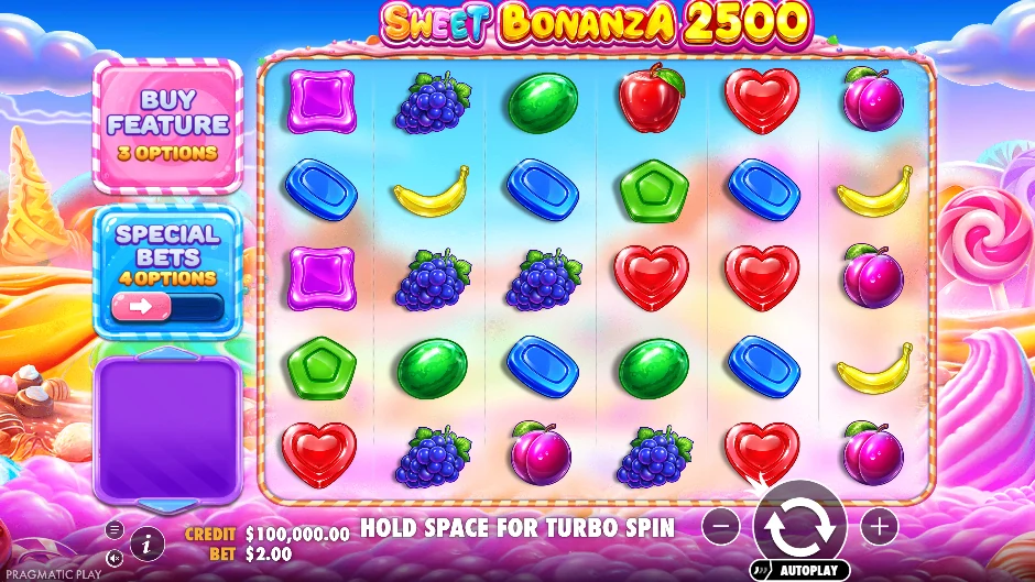 Pantalla de Sweet Bonanza 2500 con una versión ampliada del mundo de caramelos