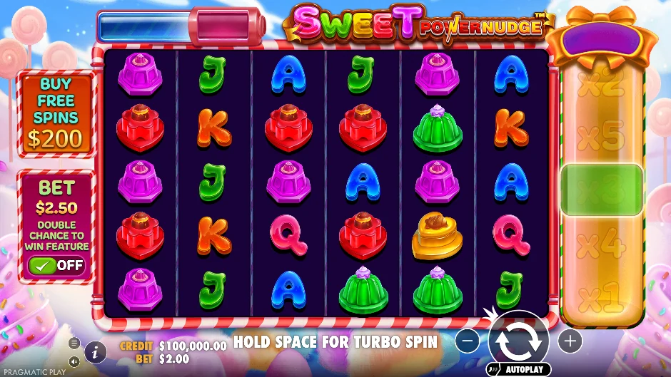 Pantalla de Sweet Powernudge con golosinas gigantes y desplazamientos PowerNudge