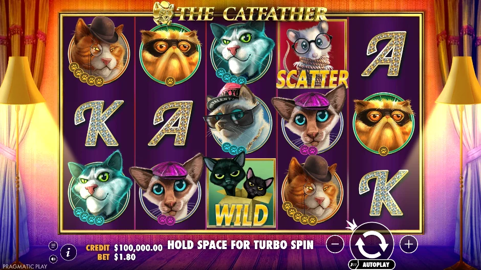 Pantalla de The Catfather con una familia de gatos inspirada en el cine de gánsteres