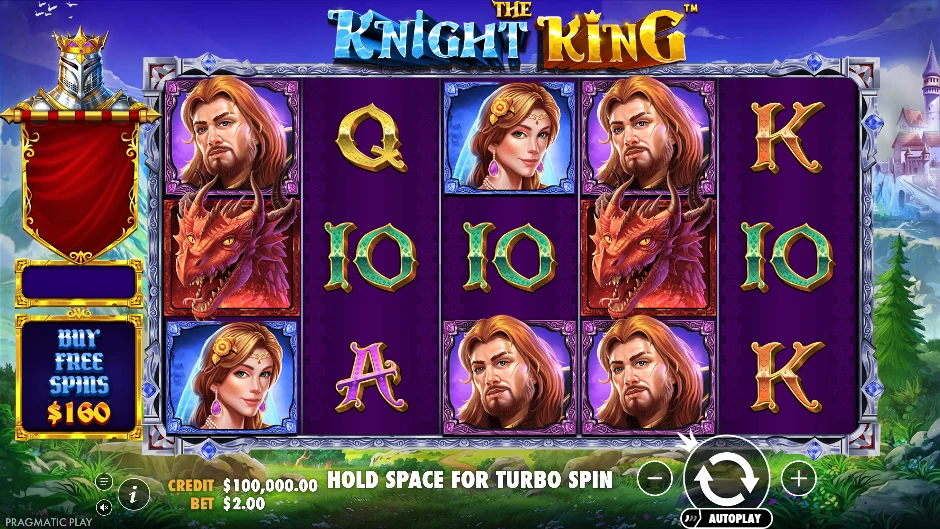 Pantalla de The Knight King con héroes, dragones y escudos de fantasía