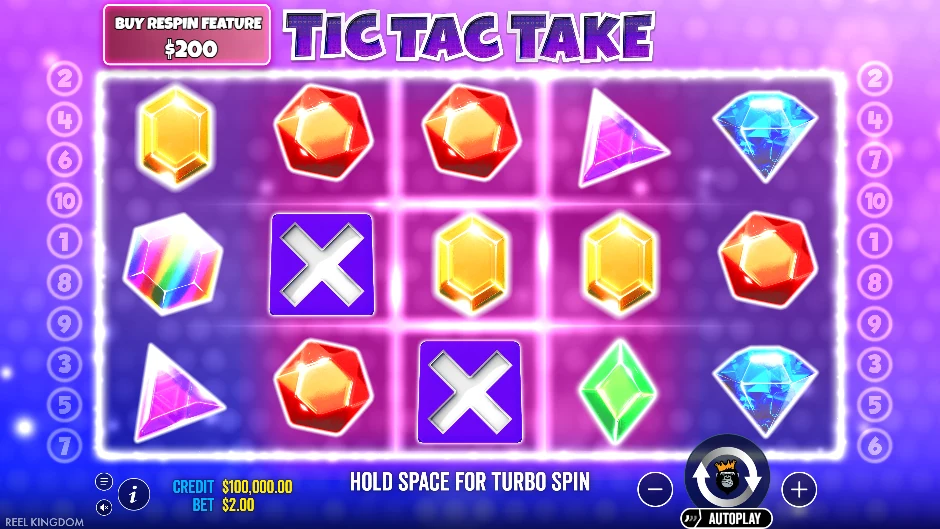 Pantalla de Tic Tac Take con un tablero inspirado en tres en raya