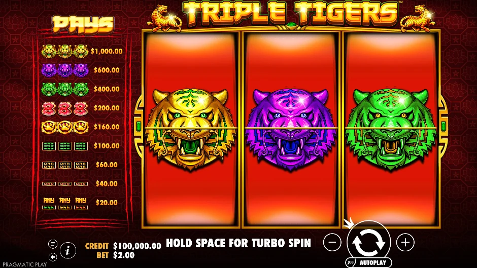 Pantalla de Triple Tigers con tres tigres de la fortuna en un escenario asiático