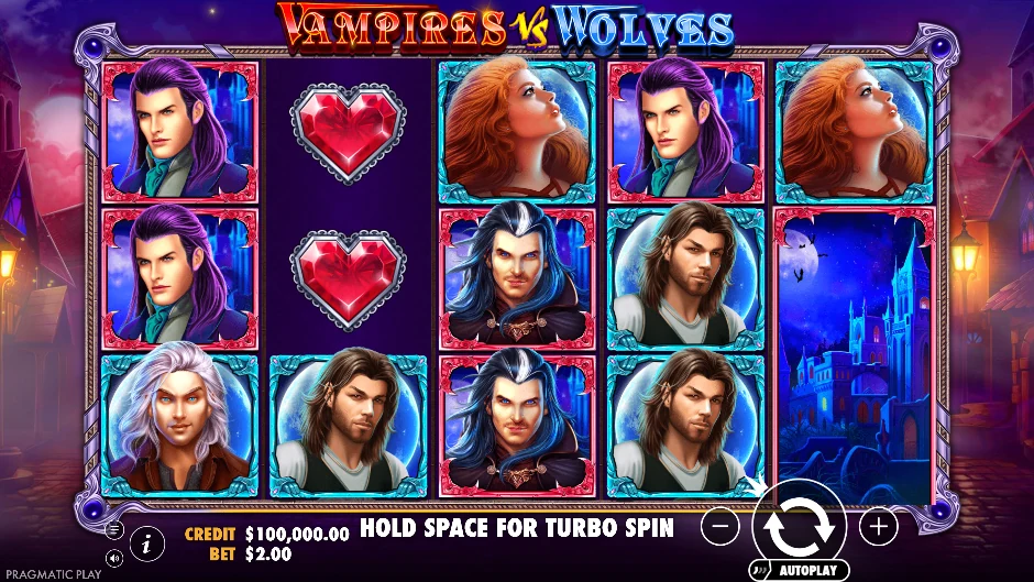 Pantalla de Vampires vs Wolves con vampiros y hombres lobo enfrentados