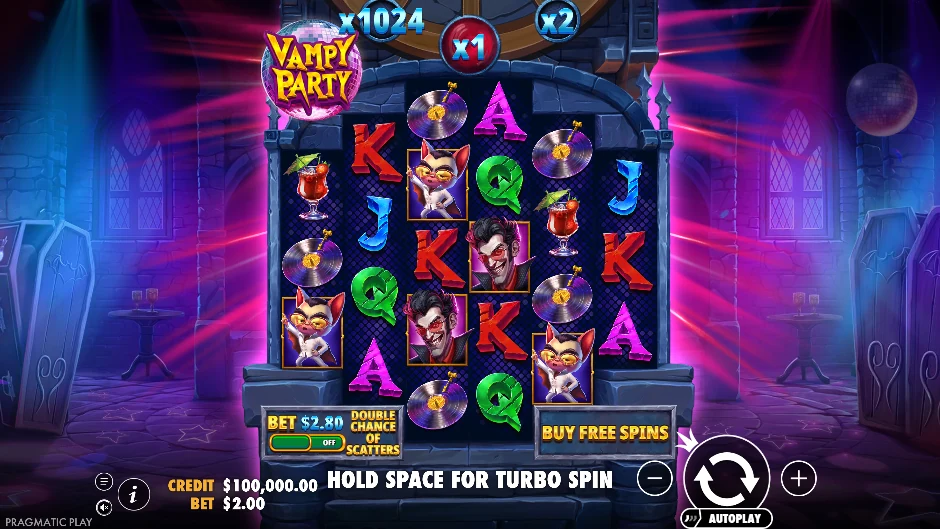 Pantalla de Vampy Party con vampiros celebrando una fiesta nocturna