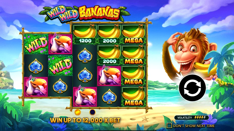 Pantalla de Wild Wild Bananas con monos y bananas en una selva caótica