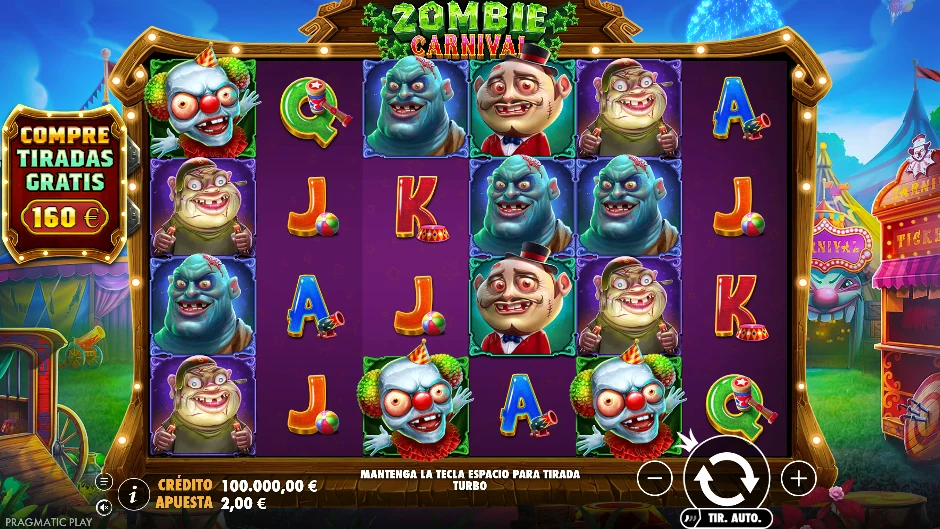 Pantalla de Zombie Carnival con zombis celebrando un carnaval macabro